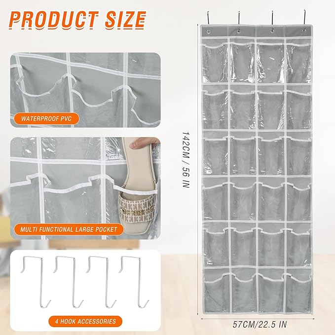 Over the Door 24 Pocket Hanging Shoe Organizer, Space Saving Hanging Storage Holder, Gray, (56" X 22.5")