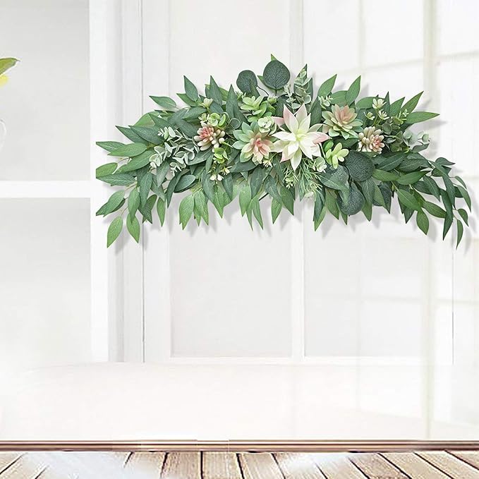 WYSRJ 28inch Artificial Succulents Swag Decorative Swag with Eucalyptus Leaves and Succulents Greenery Swag Farmhouse Wedding Arch Flowers for Indoor Outdoor Party Decoration