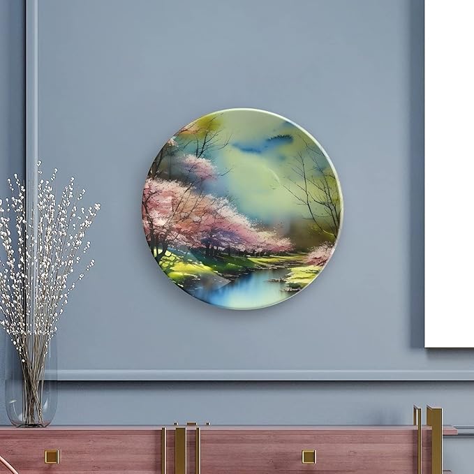 Decorative Plates, Spring Forest Painting Pink Blue Green Display Plate for Home Office Kitchen Table Decor Porcelain Plates 7 Inch, Birthday Gifts
