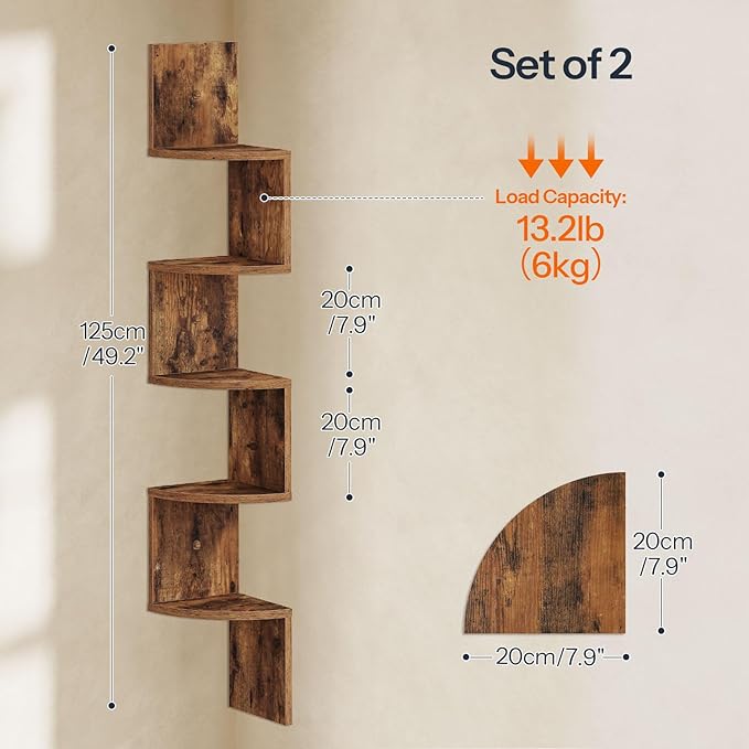 HOOBRO Corner Shelf Wall-Mounted, Set of 2 Floating Corner Shelves for Wall, 5-Tier Corner Bookshelves for Living Room, Bedroom, Bathroom, Home Office, Rustic Brown BF26BJP201