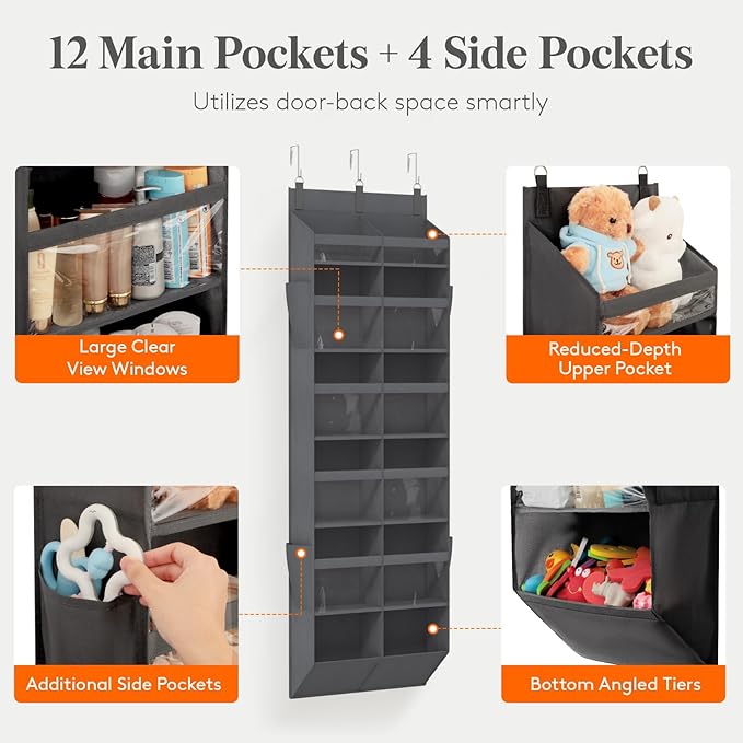 Lifewit 1 Pack Over the Door Organizer, Clear Window Hanging Storage with 4 Side Pockets, Anti Tilt 40 lbs Load Behind Door for Pantry, Nursery, Bathroom, Bedroom, Dorm, 12 Section, Gray
