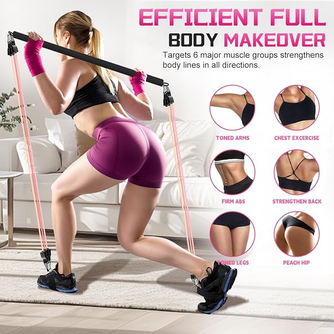 VEICK Pilates Bar Kit with Resistance Bands, Elastic Workout Bands for Men Women, Set of 5 Resistance Loop Bands for Home Fitness Stretching Strength Training