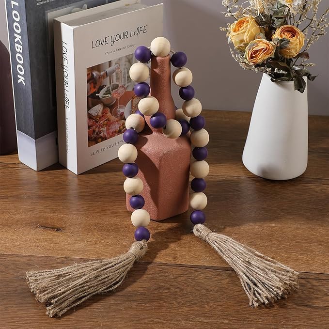 Handcrafted Farmhouse Wooden Decorative Beads Garland - Boho Natural Wood Beads with Tassel for Table Tray Mantel Shelves Decor, Rustic Vintage Garland Beaded Decor for Home & Event (32 Inches)