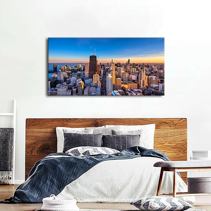AIYISU Chicago Skyline Wall Art Chicago City Wall Decor Night Cityscape Canvas Prints Pictures City Skyscraper Painting Poster Modern Artwork for Kitchen Bedroom Living Room Home Decoration 24x48”