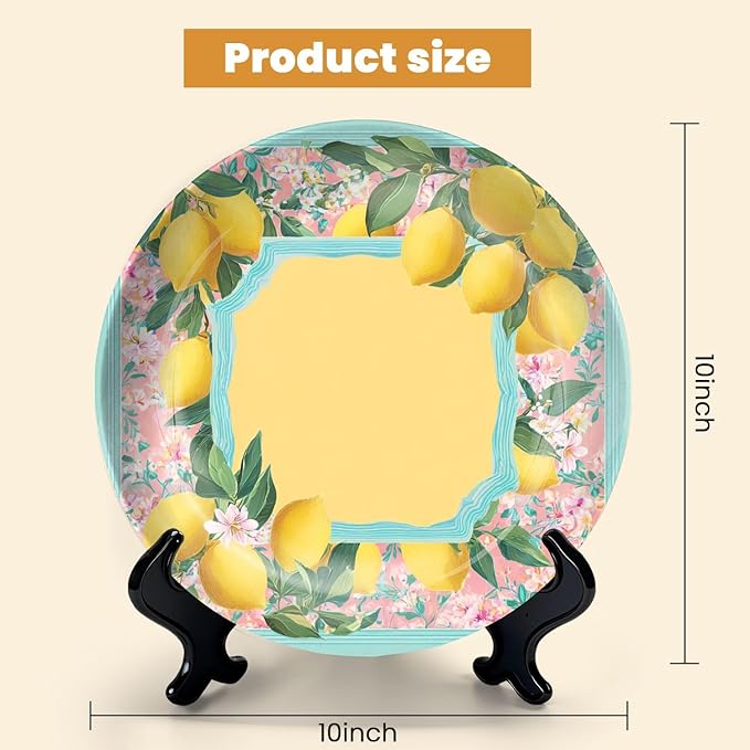 HABEN ARTWORK 10" Ceramic Plates for Display Lemon Floral Botanical Frame Pastel Colors Decorative Plate with Stand and Hook for Kitchen Dining Room Wall Hanging Decor