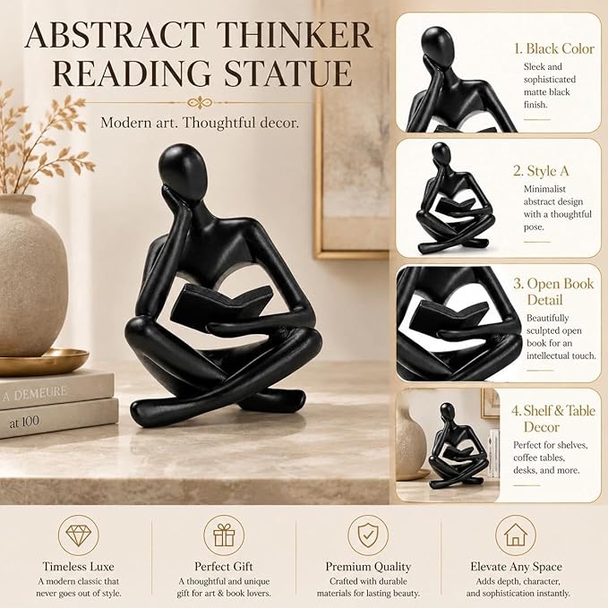 Black Bookshelf Decor Thinker Statue, Abstract Reading Figurine Style A, Resin Decorative Bookend for Coffee Table, Shelf, Home Office, Library
