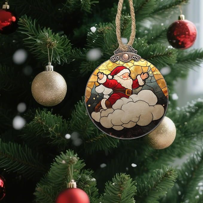 DASTOLL Stained Glass Christmas Decorations, Santa Claus On The Cloud Suncatcher for Window Christmas Tree Hanging Ornaments Cute Sun Catcher Xmas Decor Gifts for Women Men Mom Nana Friend