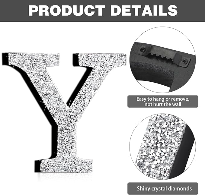 Qunclay 8'' Silver Crystal Diamond Bling Letters Crushed Diamond Decoration Wooden Glitter Letter with Screw and Hooks Rhinestone Gift for Wedding Y2k Mcbling Bedroom Wall Decor (Letter Y)