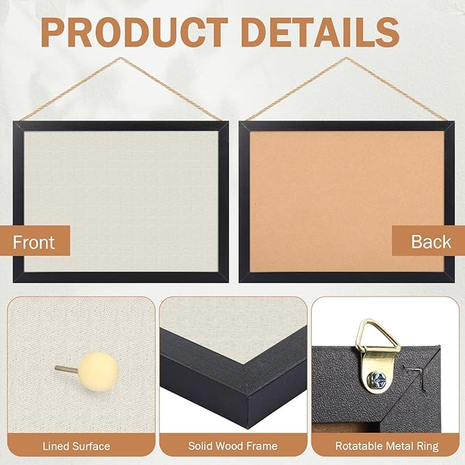 Teling 9 Pack Wood Bulletin Boards with Linen 12''x 16'' Cork Board for Walls with 90 Pushpin Decorative Wood Framed Display for School Office Home Decor (Black)