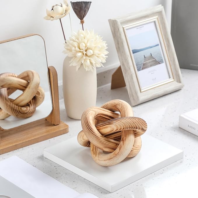 Yalikop 3 Link Wood Knot Decor Rustic Home Décor Accents Hand Carved Coffee Table Decoration, Boho Chain Link Decoration, Modern Shelf, Rustic Objects for Home Living Room Bedroom(Burnt)