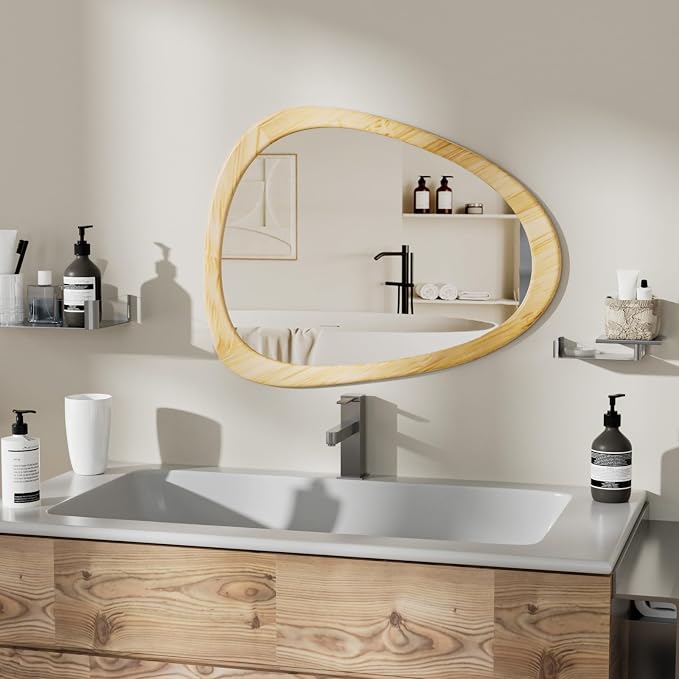 34" x 26" Irregular Wall Mirror, Natural Wooden Framed Asymmetrical Wall Mirror for Living Room Bedroom Bathroom Entryway, Modern Decorative Hanging Hook