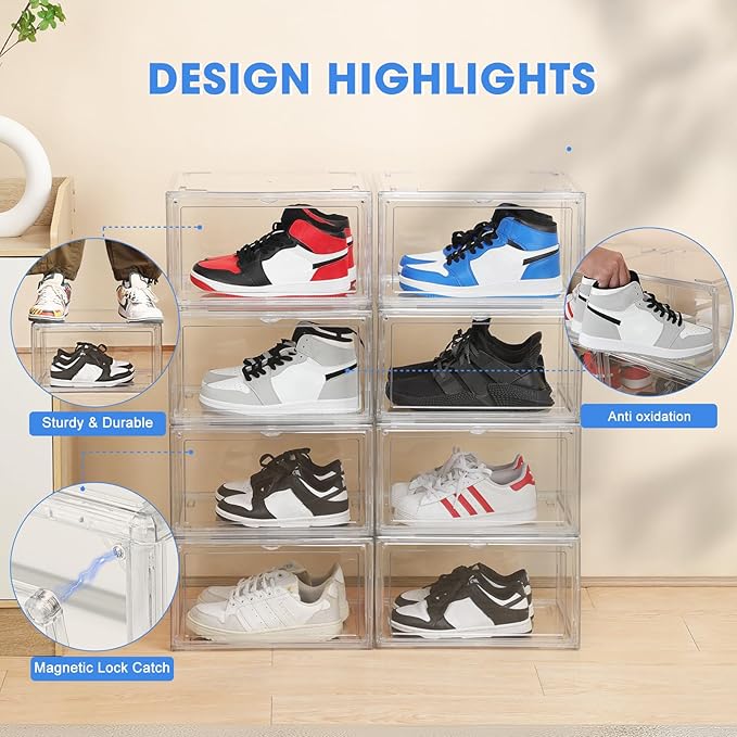 HIYOHIYO 2-Pack Acrylic Clear Stackable Shoe Boxes, 360 Clear Acrylic Display Shoes Boxes, Fully Transparent Display Box with Magnetic Door, Clear Shoe Storage Boxes Stackable, Size 14