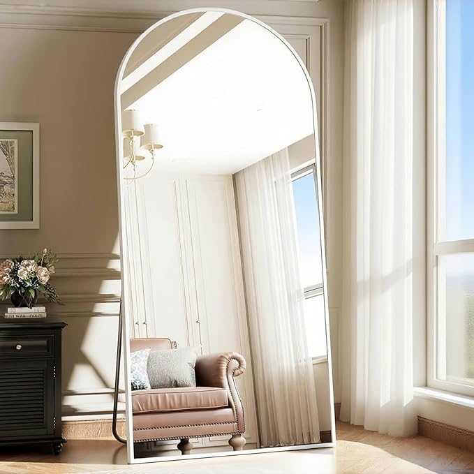 Prywot Arched Full Length Mirror, 76" x 34" Floor Mirror Wall Hanging or Leaning Arched-Top Full Body Mirror with Stand for Bedroom, Dressing Room, White