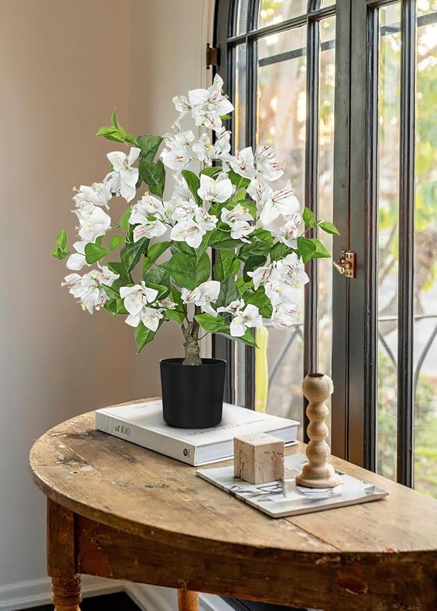 26.3” Large Fake Plants Artificial Flowers White Bougainvillea Artificial Plants Trees Indoor Pots, Faux Plants Perfect for Home Decor, Living Room Table Decor, Bedroom Shelf Decor, Dining Room Decor