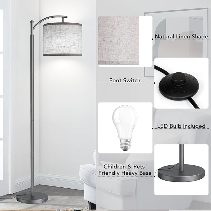 Floor Lamp for Living Room with 3 Color Temperatures LED Bulb, Standing Lamp Tall Industrial Floor Lamp Reading for Bedroom, Office (9W LED Bulb, Beige Lampshade Included) -Grey