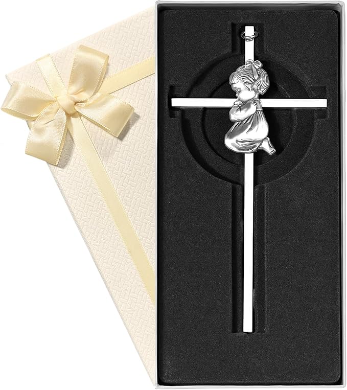 Tryuunion Baby Wall Cross Baptism Gifts for Boys and Girl, 7-inch Blessing Boy Baptism Crosses for First Holy Communion Christening and Dedication Baptismal Gifts (Silver Girl-7 in)