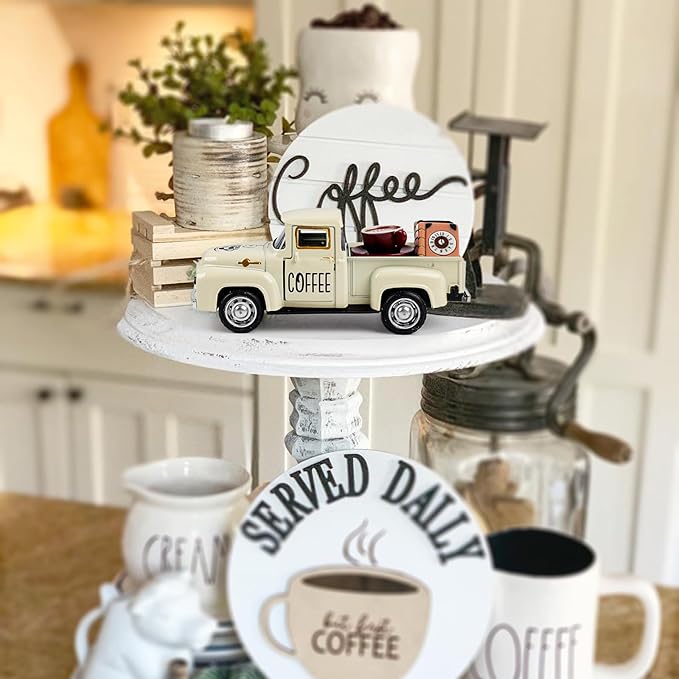 Cream Coffee Truck Decoration, Coffee Lover Truck Decor Themed Ornaments, Rustic Farmhouse Kitchen Tabletop CenterpieceTiered Tray Decor, Barista Gift