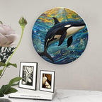 Decorative Plates for Wall Hanging, Underwater Whale Stained Glass Painting Ceramic Plate w/Display Stand, Home Decor for Kitchen Cabinets, Farmhouse Round Tray 8 Inch, Gift for Whale Lover
