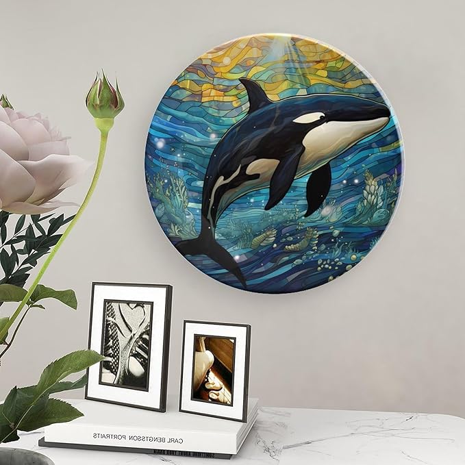 Decorative Plates for Wall Hanging, Underwater Whale Stained Glass Painting Ceramic Plate w/Display Stand, Home Decor for Kitchen Cabinets, Farmhouse Round Tray 8 Inch, Gift for Whale Lover