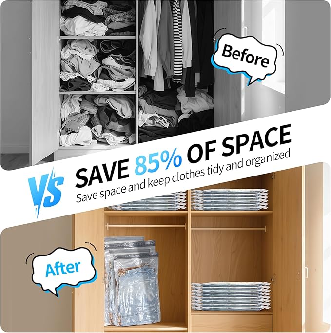 20 PCS Vacuum Seal Bags for Clothing with Electric Air Pump, Compression Space Saver, Vacuum Storage Bags for Luggage, Travel, Blankets, Pillows, Bedding and Moving, Hand Pump Included