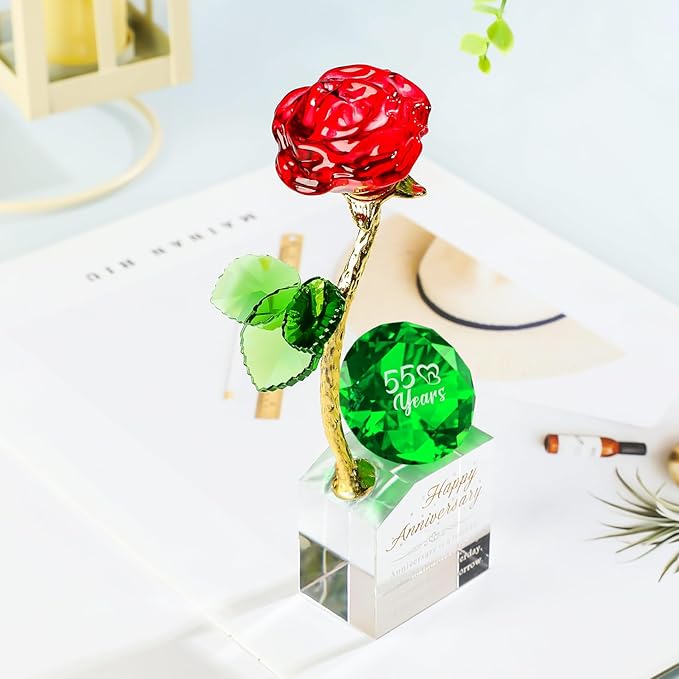 YWHL 55th Wedding Anniversary Rose Gifts for Parents Grandparents, 55 Years Happy for Couples, Crystal Rose Figurine with Emerale Diamond, Valentines Day Present for Her Him
