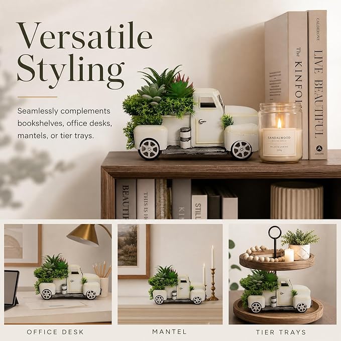 Farmhouse Metal Truck Decor with Artificial Succulents - Rustic Iron Pickup Truck with Removable Faux Succulent Planter for Entryway, Living Room, Coffee Bar Tabletop Decoration