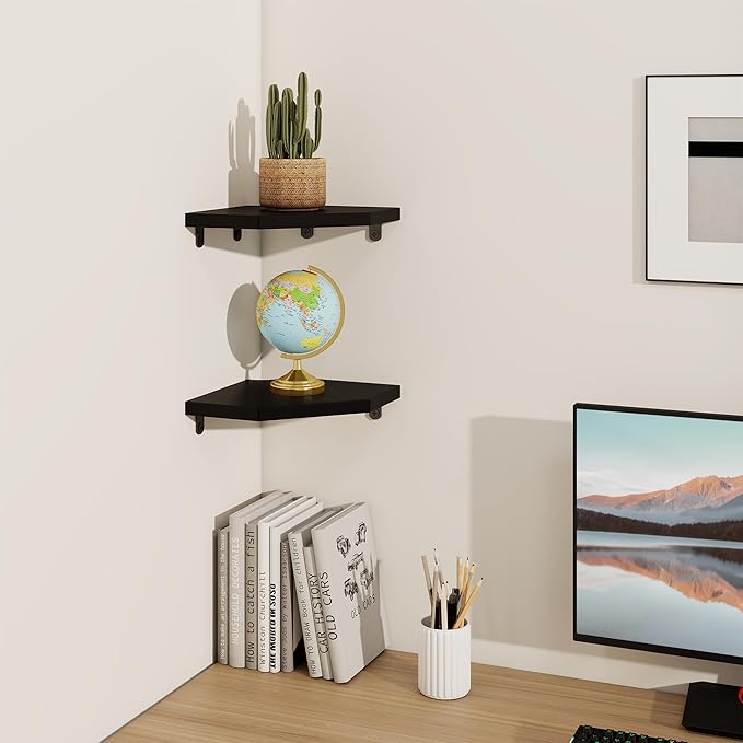 Fun Memories Corner Shelf Wall Mount Set of 2 - Solid Oak Wood Floating Corner Shelf with Cable Hole, 7in Rustic Design for Bedroom, Living Room, Kitchen (Black)