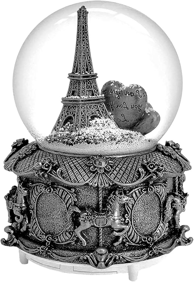 LED Music Snow Globe Vintage Eiffel Tower Buildings Embedded Carousel Retro Home Decoration for Book Shelf Cabinet Floating Board Office Desk Table Top Decor Centerpieces Ornament (Silver A)