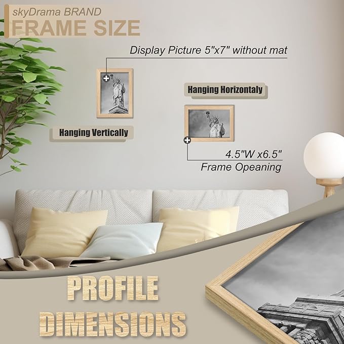 Natural Solid Wood 5x7 Picture Frame, Display 5 x 7 Inch Picture Poster Photo, Vertical & Horizontal Wall Hanging - 2 Pack/Natural/5"x7"