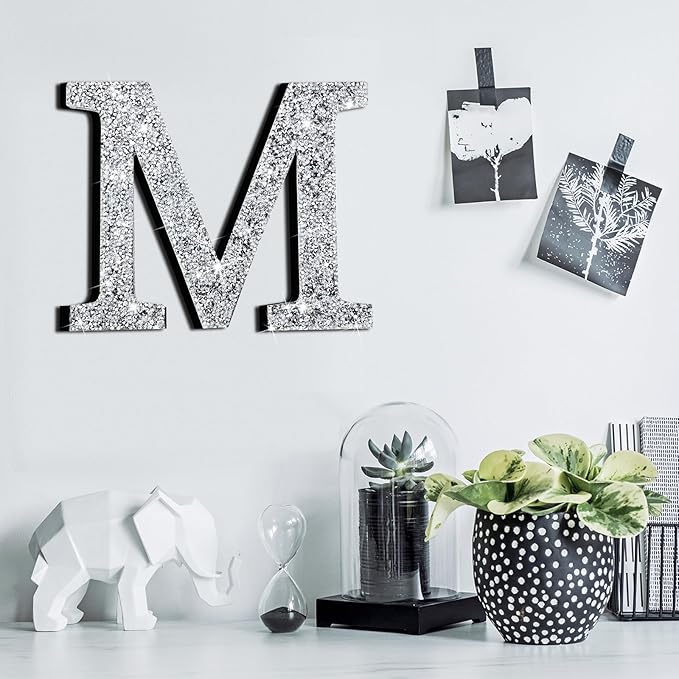 Qunclay 12'' Silver Crystal Diamond Bling Letters Crushed Diamond Decoration Wooden Glitter Letter with Screw and Hooks Rhinestone Gift for Wedding Y2k Mcbling Bedroom Wall Decor (Letter M)