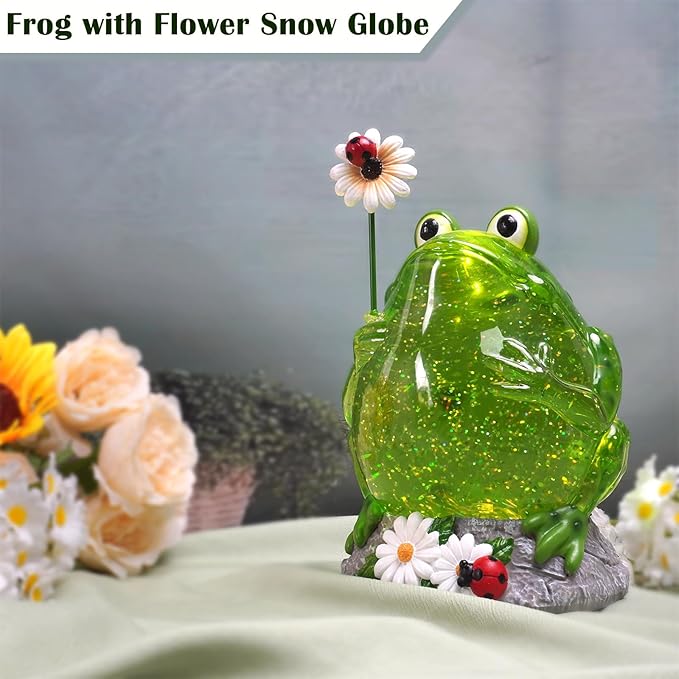 Spring Frog Snow Globe Decor with 6H Timer, Swirling Glitter Frog Snowglobe Spring Figurine Decorations, USB/Battery Operated, for Spring Holiday Home Decor and Gift (Frog Flower)