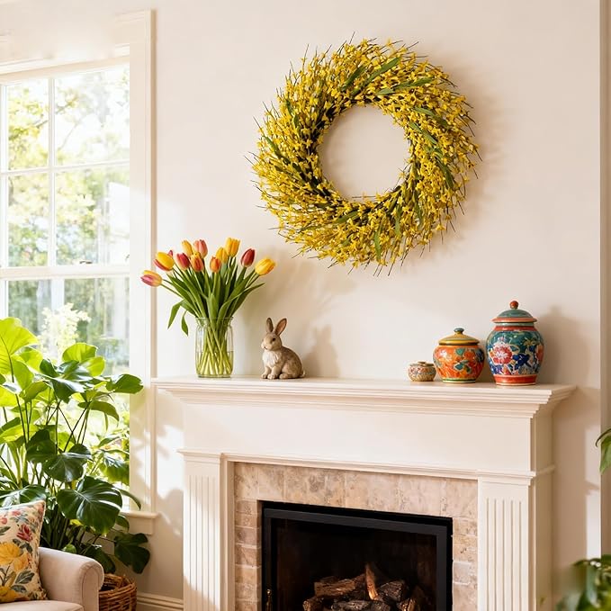 26 Inch Spring Wreaths for Front Door, Large Artificial Forsythia Flowers Wreath, Spring Summer Floral Wreath All Season for Home, Wall, Window, Porch, Wedding, Farmhouse Decor (Yellow)