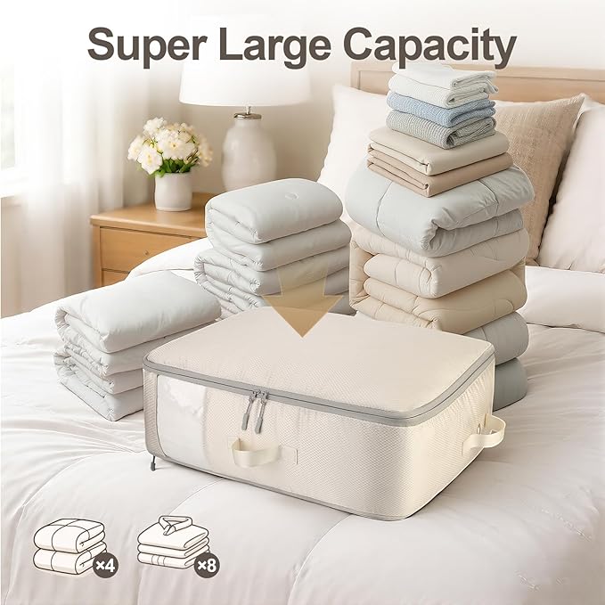 Comforter Storage Bag - 2-Layer Self Compression Organizer, 2-Pack Closet Organizers and Storage, Under Bed Space Saver, Blanket Organizer for Bedding, Pillow, Sheet, Clothes, Nursery Use