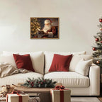 Framed Vintage Christmas Canvas Wall Art, Santa Claus Reading Book Paintings Wall Decor, Rustic Winter Holiday Pictures Prints for Living Room Bedroom Home Decoration 16×24 inch