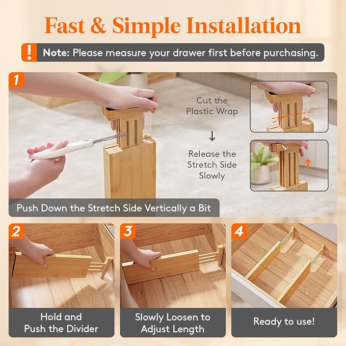 Lifewit 4" High 8 Pack Bamboo Drawer Dividers 31-40cm/12-16 Adjustable Wooden Drawer Organizer for Clothes/Utensils, Expandable Drawer Separator for Dresser/Kitchen/Bedroom/Office Organization