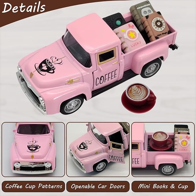 Coffee Bar Decor Vintage Mini Metal Pickup Truck Decor with Book Accessories for Coffee Station, Farmhouse Tiered Tray Tabletop Decorations for Home Kitchen, Office, Cafe