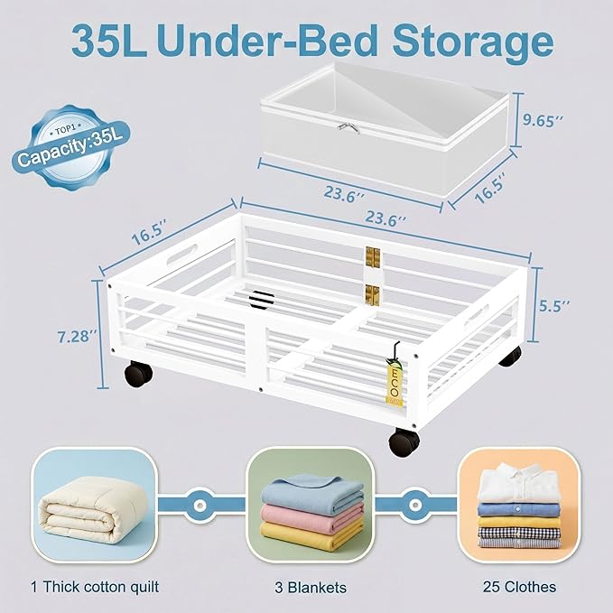 Under Bed Storage Containers with Wheels, Larger Bamboo Wood Under Furniture Storage Containers with Dust Bags，Rolling for Shoes Clothes