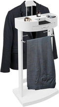 Mens Valet Stand, Freestanding Suit Clothes Valet Stand with Tray, Tie Bar, Drawer and Shoe Rack for Office Living Room, 17.32 * 11.81 * 44.09in (White)