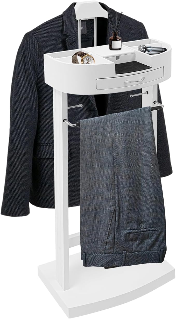 Clothes Valet Stand, Wood Valet Stand Suit Rack Stand with Drawer for Men/Women, Contour Hanger, Trouser Bar, Belt Hooks Shoe Rack, Freestanding Valet Stand (White)