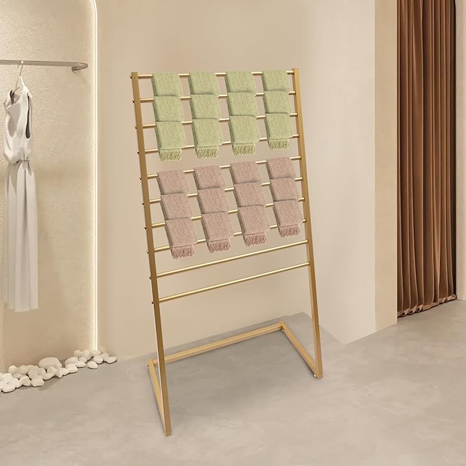 Scarf Display Stand, 10 Tier Metal Scarf Holder Organizer, Freestanding Scarf Rack, for Hanging Towels, Scarves, Clothes, Shawls, Blankets, Bandana, for Commercial Clothing Retail Store (Gold)