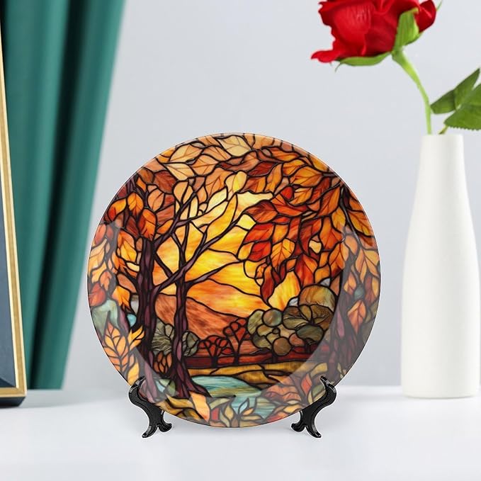 Decorative Plates, Stained Glass Design Fall Tree Landscape Ceramic Dinner Plate Home Wobble-Plate with Display Stand, Autumn Wall Hanging Decor for Living Dining Room Kitchen Household 8 Inch
