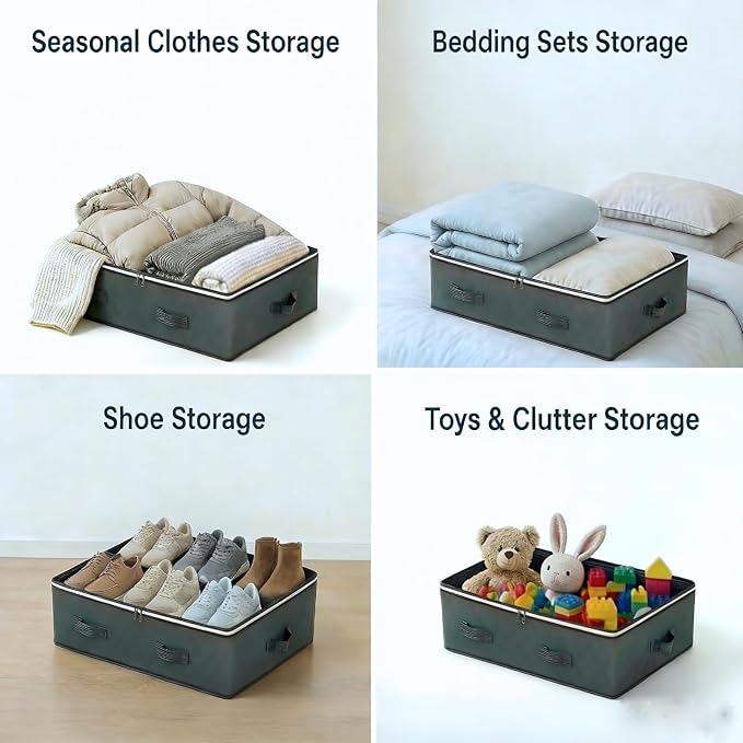 4 Pack Under Bed Storage, Closet Organizers and Storage Containers with Clear Window Foldable Underbed Storage Bags for Clothes,Shoes, Blankets Pillows, Linen Sheets, Grey 60L