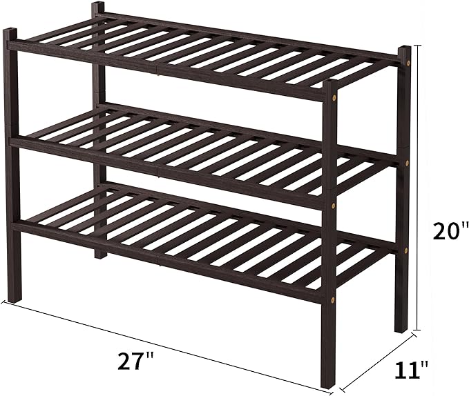 3 Tier Bamboo Shoe Rack for Closet Free Standing Wood Shoe Shelf for Entryway Small Space Stackable 27"x11"x20" (Brown)