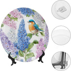 Flower Theme Decorative Ceramic Plate Round Porcelain Plate,10 inch,Bird Watercolor Pattern,for Decorative Ornaments Giving Plates,1 Plate with 1 Display Stand,Blue Purple