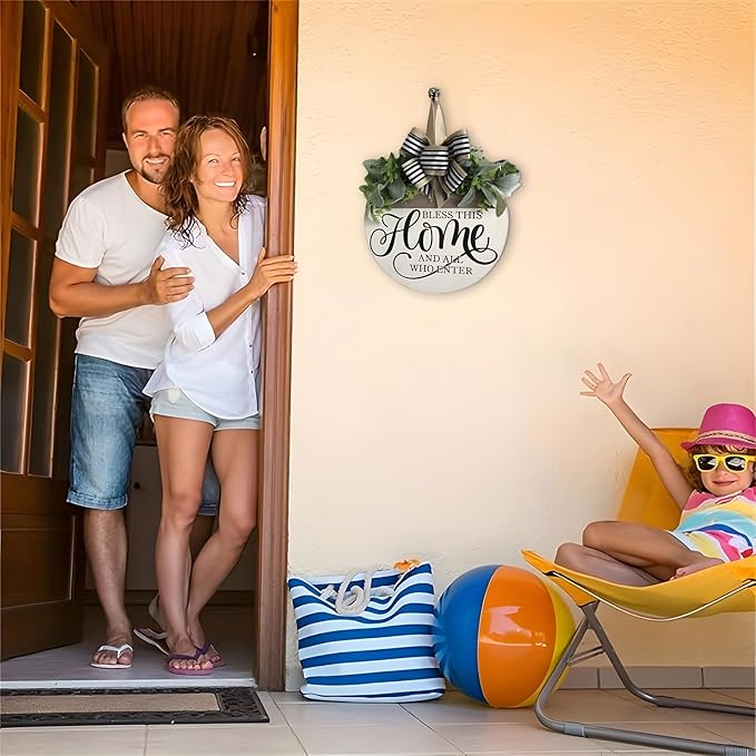 Welcome Sign for Front Door, Rustic Round Wood Wreaths Wall Hanging Outdoor Decor, Porch Fence Decorations Hanging Gift for Home Outdoor for Spring Summer Fall All Seasons Holiday, Bless This Home