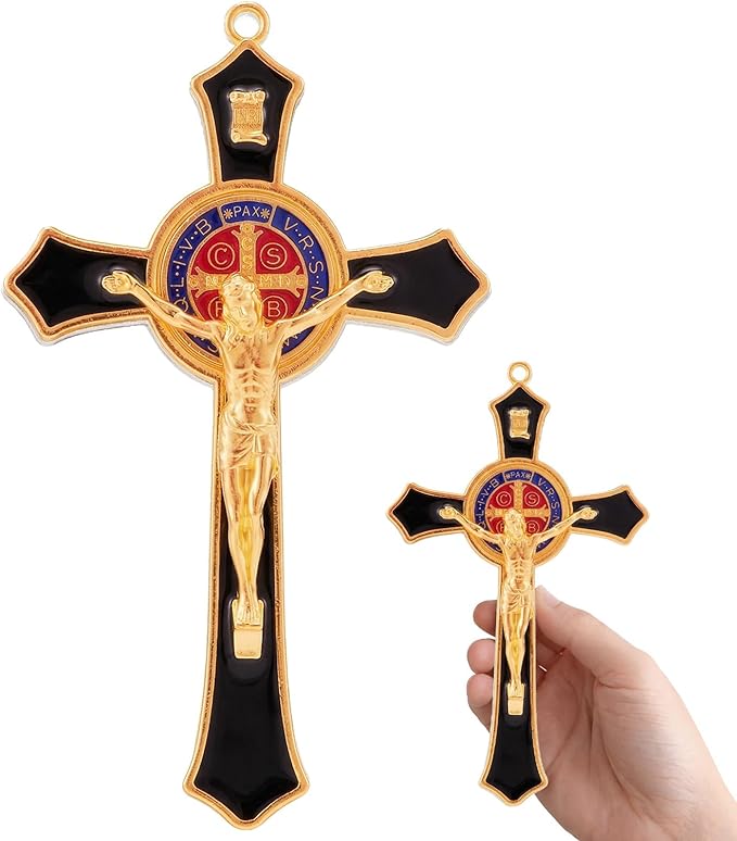 TALPGOD St Benedict Crucifix Black 7 Inch,Crucifix Wall Cross for Catholic Decor,Jesus Christ Hanging Cross Wall Art Decor,Escapularios Catolicos,Saint Benedict Medal for Home Decoration