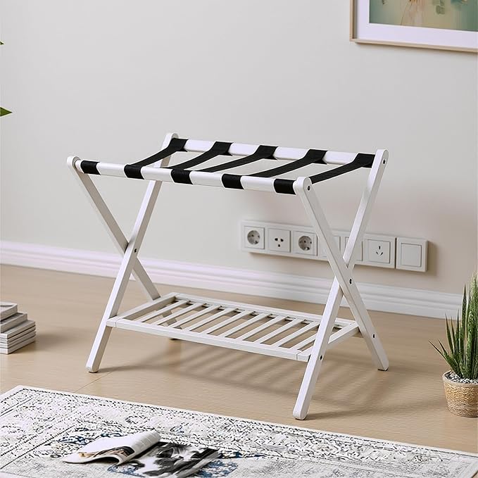 Bamboo Luggage Rack with Shoe Shelf Folding Suitcase Stand with 5 Heavy-Duty Straps for Guest Room Living Room Hotel Ideal Luggage Holder for Suitcases Bags Shoes,White