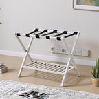 Bamboo Luggage Rack with Shoe Shelf Folding Suitcase Stand with 5 Heavy-Duty Straps for Guest Room Living Room Hotel Ideal Luggage Holder for Suitcases Bags Shoes,White