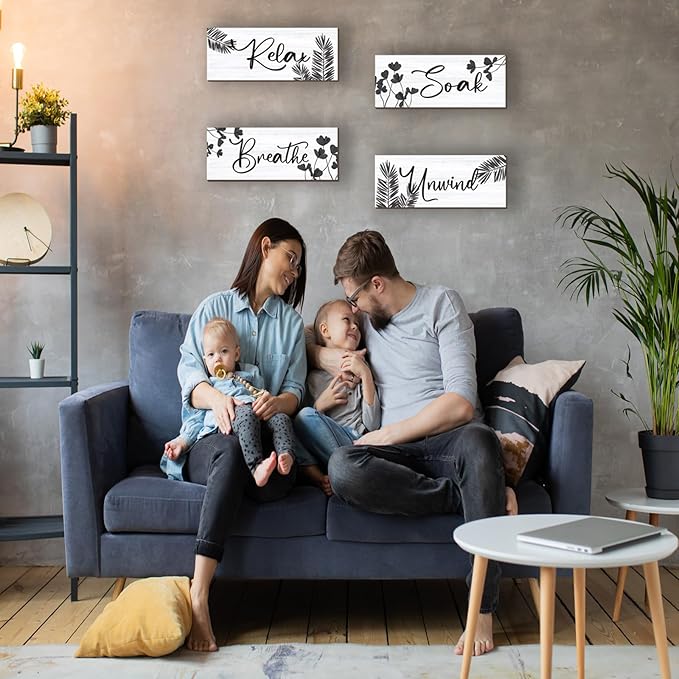 4 Pcs Farmhouse Bathroom Wall Decors Relax Soak Unwind Breathe Wooden Word Sign Black Hanging Wall Art Rustic Office Wall Decor for Bedroom Living Room Vintage Decorations(Black Leaves 10X4 Inch)