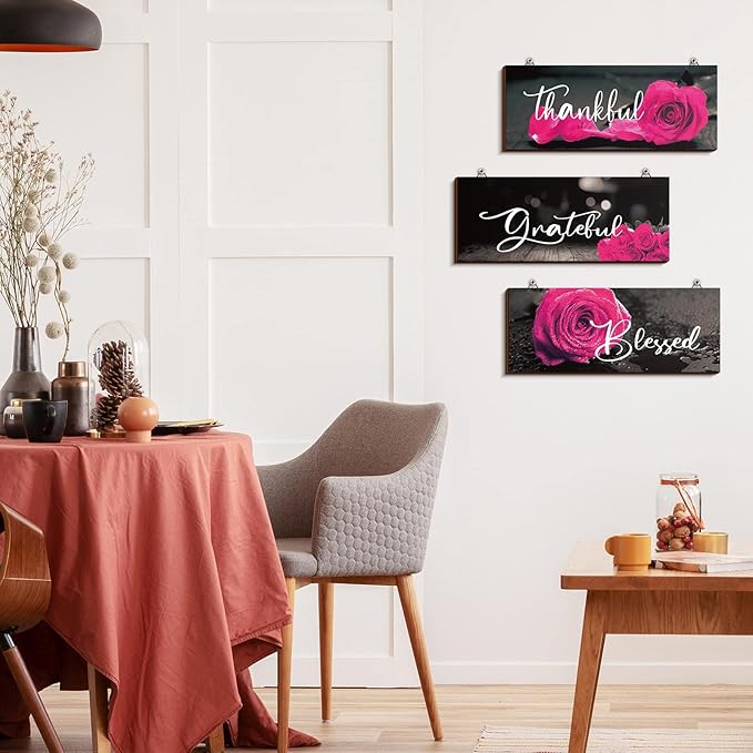 Hillban 3 Pieces Rose Wooden Wall Decor Rose Bathroom Decor Thankful Grateful Blessed Accessories Inspirational Wall Art Signs for Living Room Kitchen Wedding(10 x 4 Inch,Dark Pink)